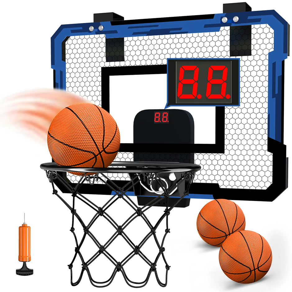 Mini basketball hoop set with digital scoreboard, basketballs, and pump on a white background