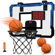 Mini basketball hoop set with digital scoreboard, basketballs, and pump on a white background