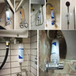 Collage of a water filter attachment on various plumbing setups.