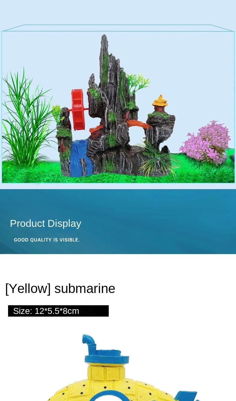 Decorative aquarium scene with a yellow submarine, rocks, and plants on a blue background.