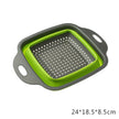 Collapsible colander with green interior and gray exterior on a white background