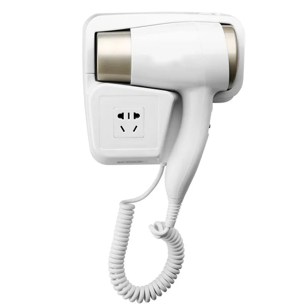 White wall-mounted hair dryer with coiled cord on a white background