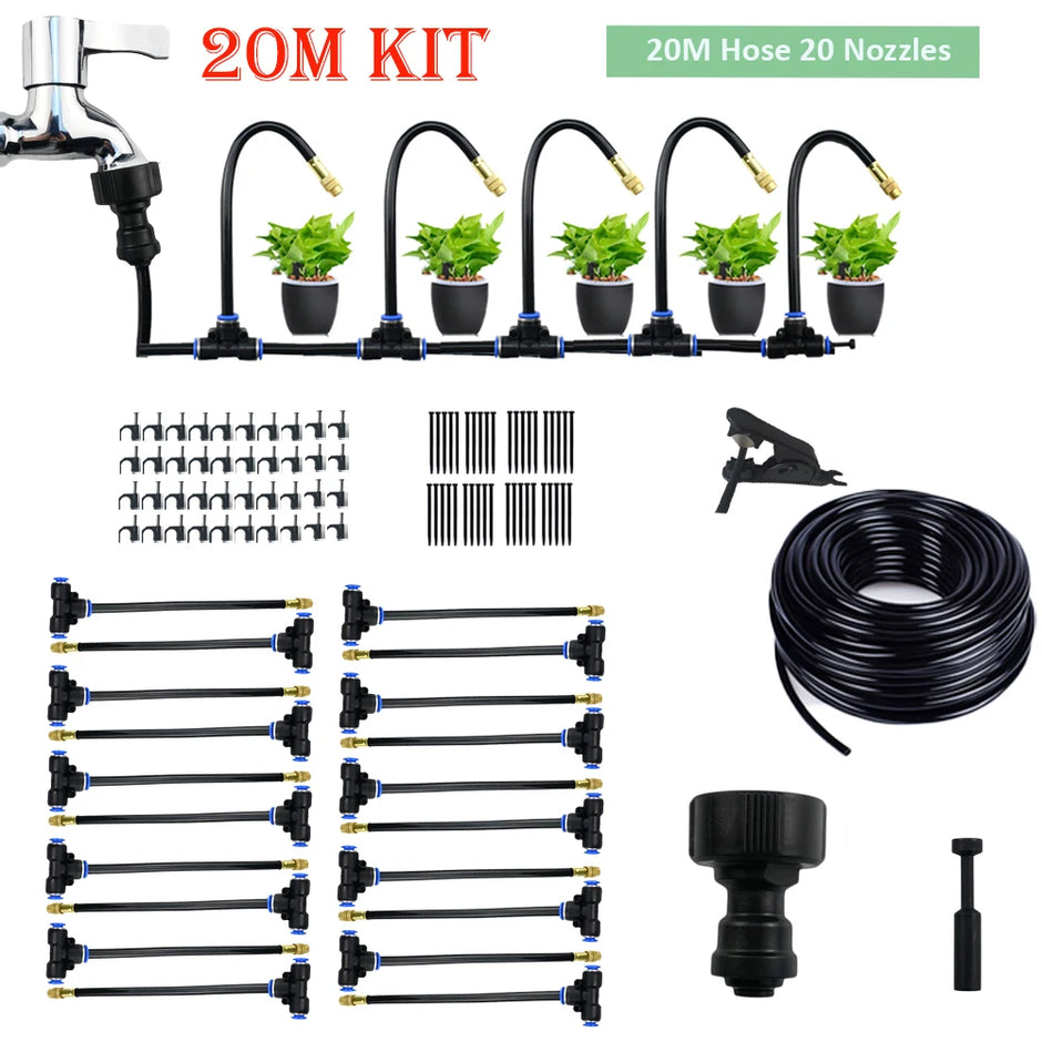 20-meter garden hose kit with nozzles and connectors on a white background
