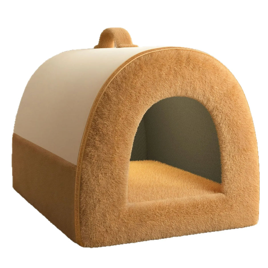 Brown pet bed with a white interior on a white background