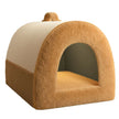 Brown pet bed with a white interior on a white background