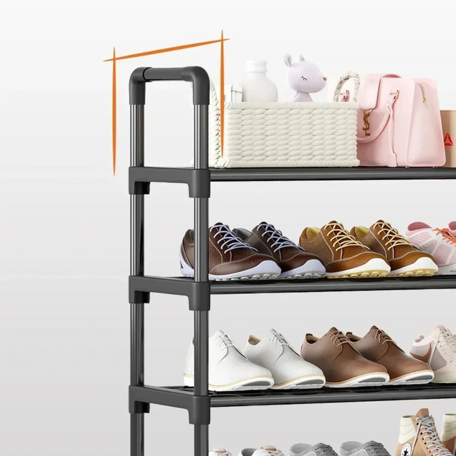 Black metal shoe rack with shoes on a white background