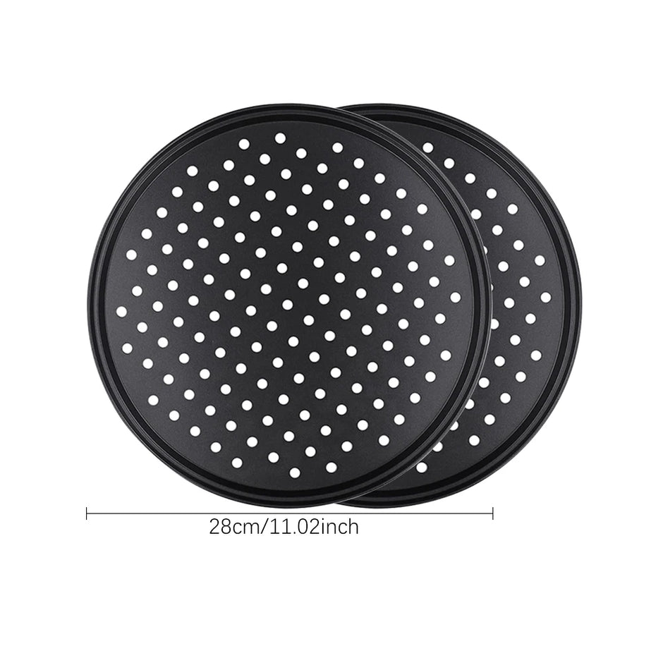 Two black pizza trays with white holes and dimensions on a white background