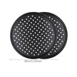 Two black pizza trays with white holes and dimensions on a white background