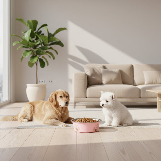 Pink pet bowl with paw prints containing dog food on a pink background