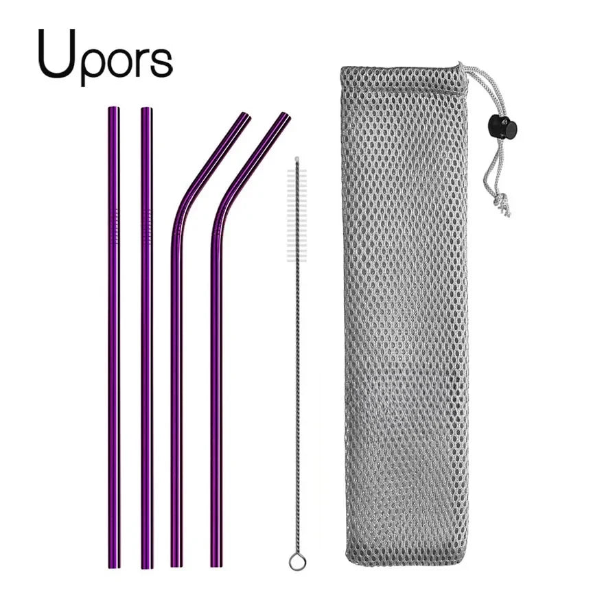 Purple straws with cleaning brush and mesh pouch on a white background, featuring the brand 'Upors'.