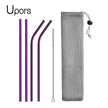 Purple straws with cleaning brush and mesh pouch on a white background, featuring the brand 'Upors'.
