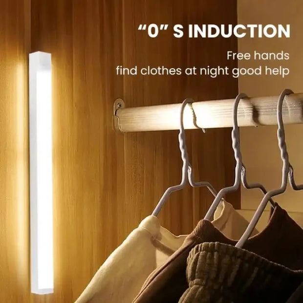 Closet scene with hangers and a light strip, text indicating '0' S Induction' for night-time clothing retrieval.