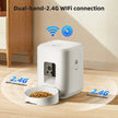 White pet feeder with 2.4G WiFi connection on a wooden floor.