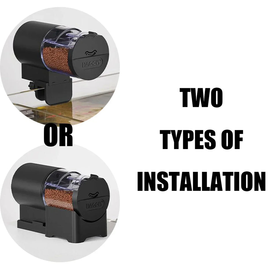 Two types of installation for a black device with a clear container on a white background.