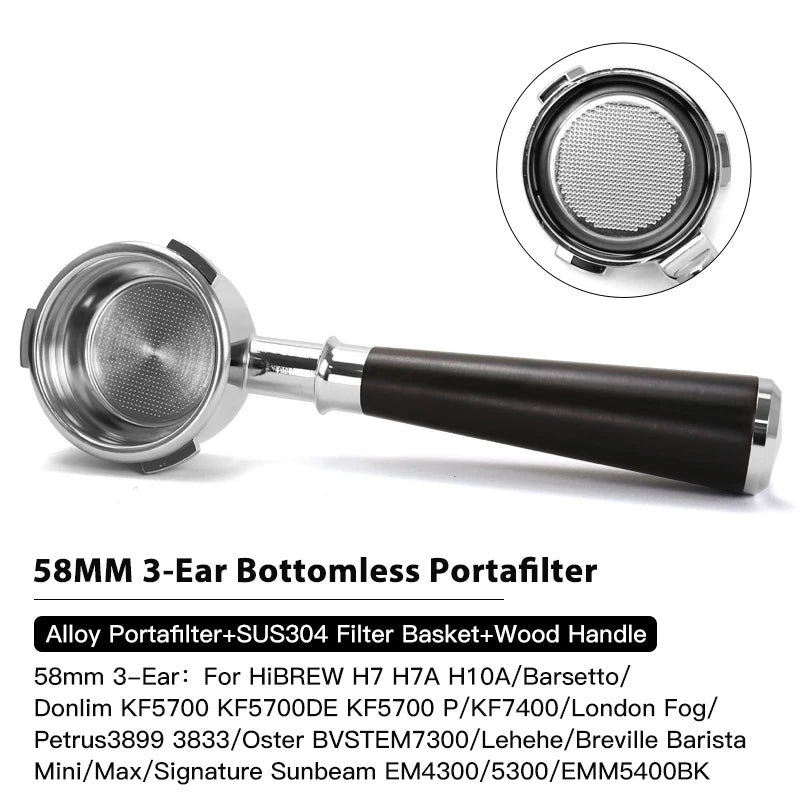 بورتافيلتر 58mm بدون قاع – 3 آذان، سلة SUS304، متوافق مع Breville وHiBREW وBarsetto والمزيد
