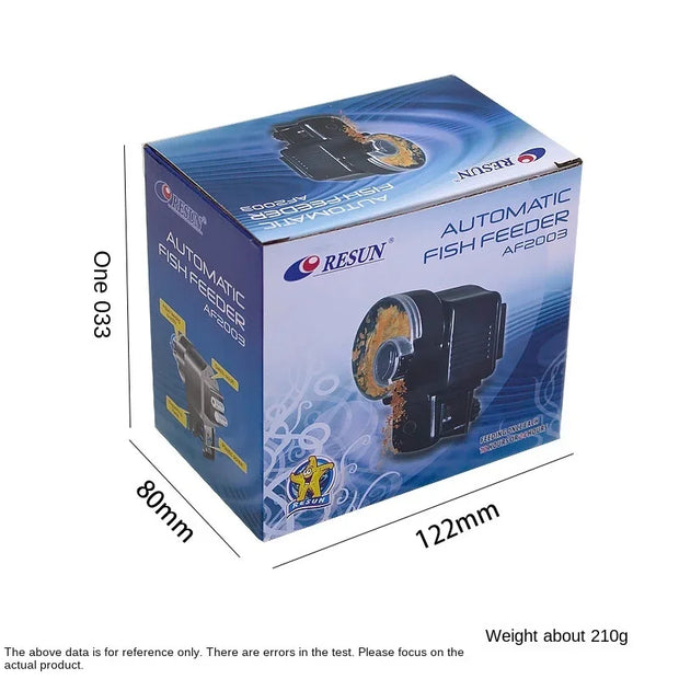 Box of RESUN Automatic Fish Feeder with dimensions and weight information.