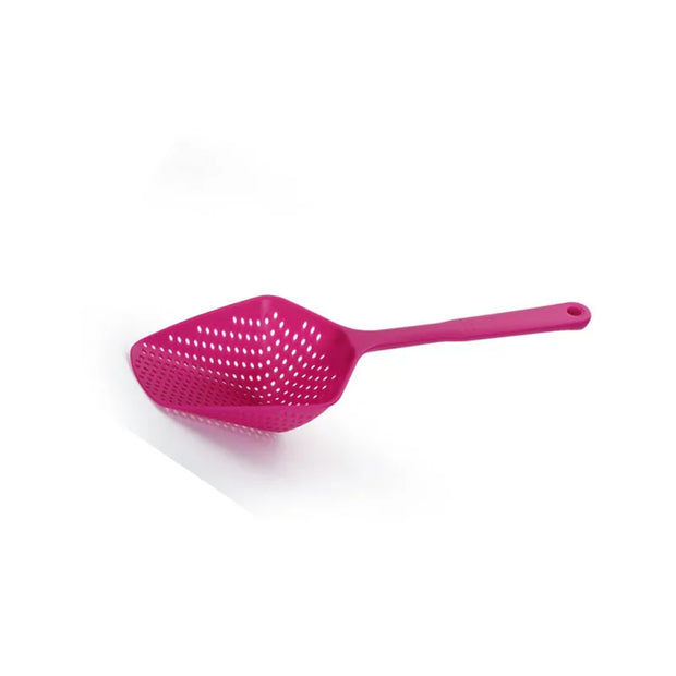 Pink plastic scoop on a white background
