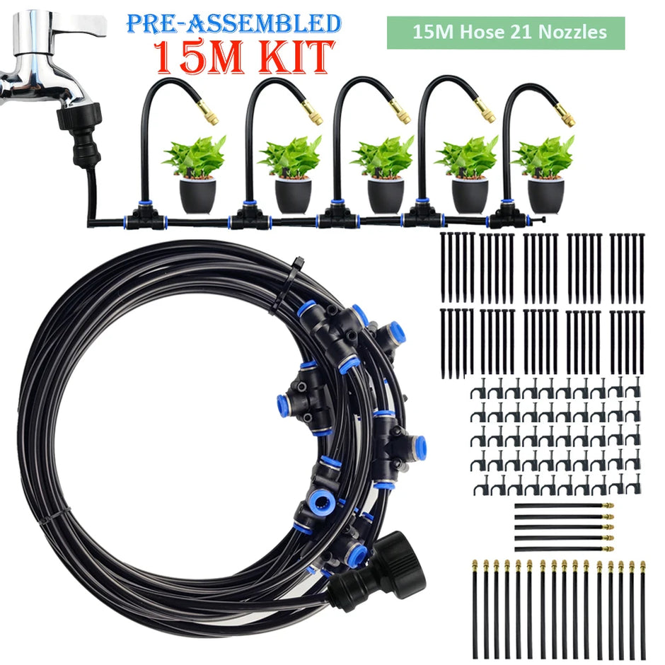 Garden irrigation system kit with hose, nozzles, and faucet on a white background