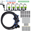 Garden irrigation system kit with hose, nozzles, and faucet on a white background