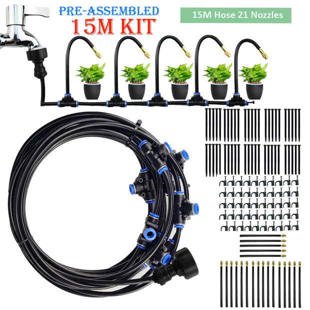Garden irrigation system kit with hose, nozzles, and faucet on a white background
