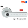 Silver electronic door handle with digital keypad on a white background, featuring Tuya branding.