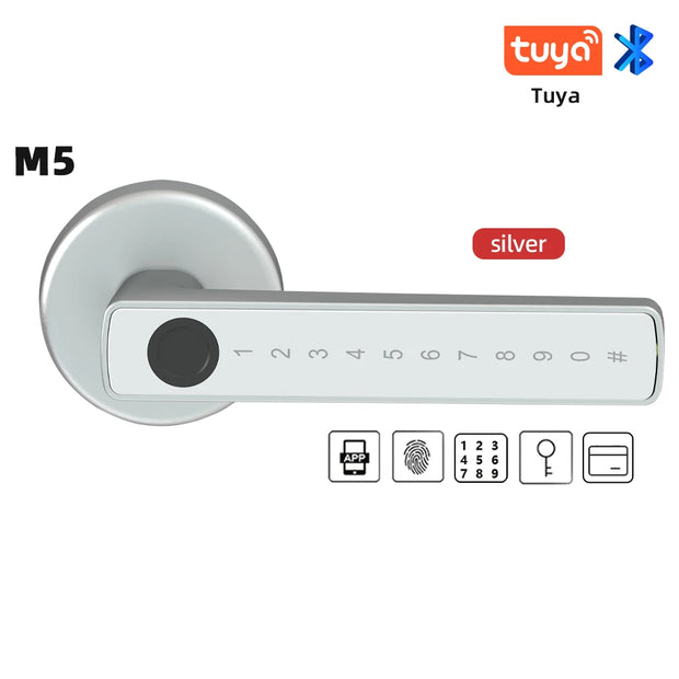 Silver electronic door handle with digital keypad on a white background, featuring Tuya branding.