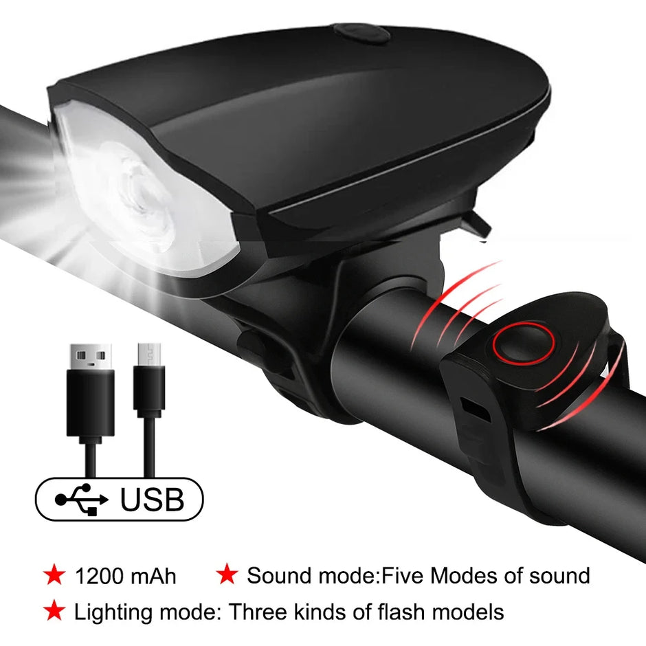 إضاءة دراجة قابلة للشحن USB مع بوق 120dB – 3 أوضاع إضاءة، مقاومة للماء IPX5، 6 ألوان