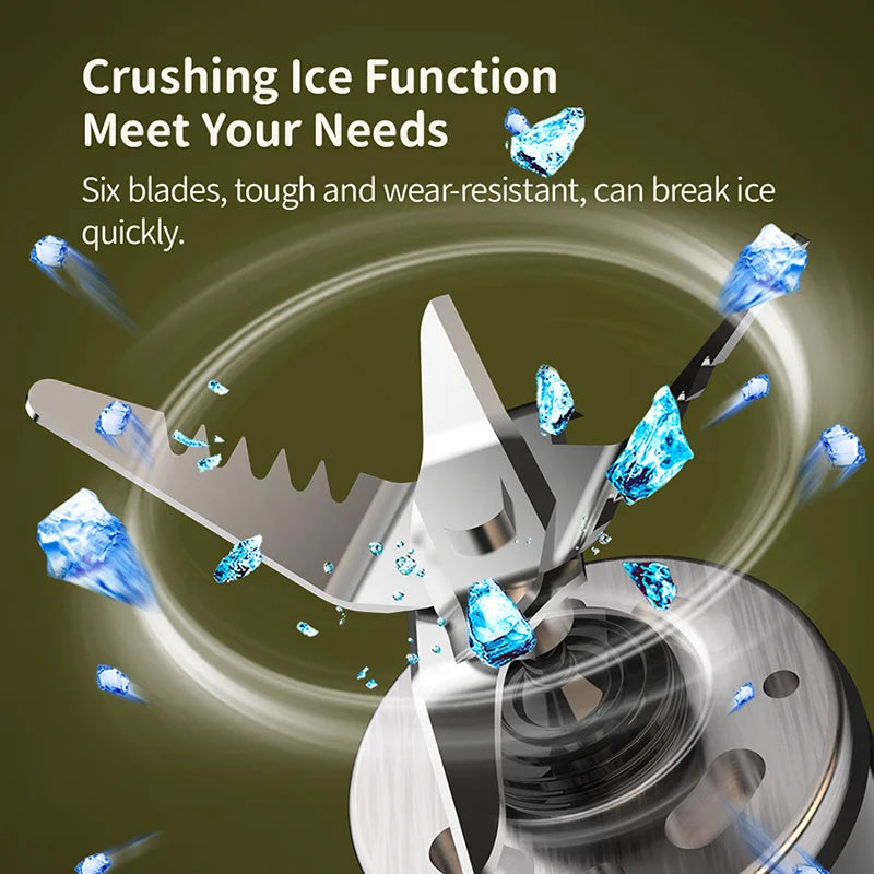 Ice crusher with blades crushing ice, text highlighting crushing function.