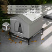 Pet house with size chart and bracket color information on a concrete surface.