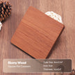 Wooden coaster on a wooden surface with product details overlay.
