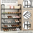 5-tier shoe rack with shoes on each shelf, featuring text about assembly, storage, and design features.
