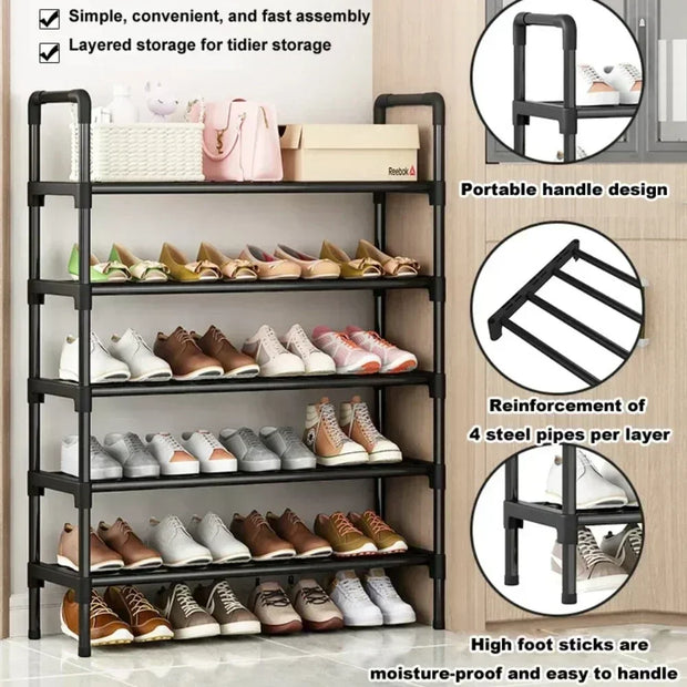 5-tier shoe rack with shoes on each shelf, featuring text about assembly, storage, and design features.
