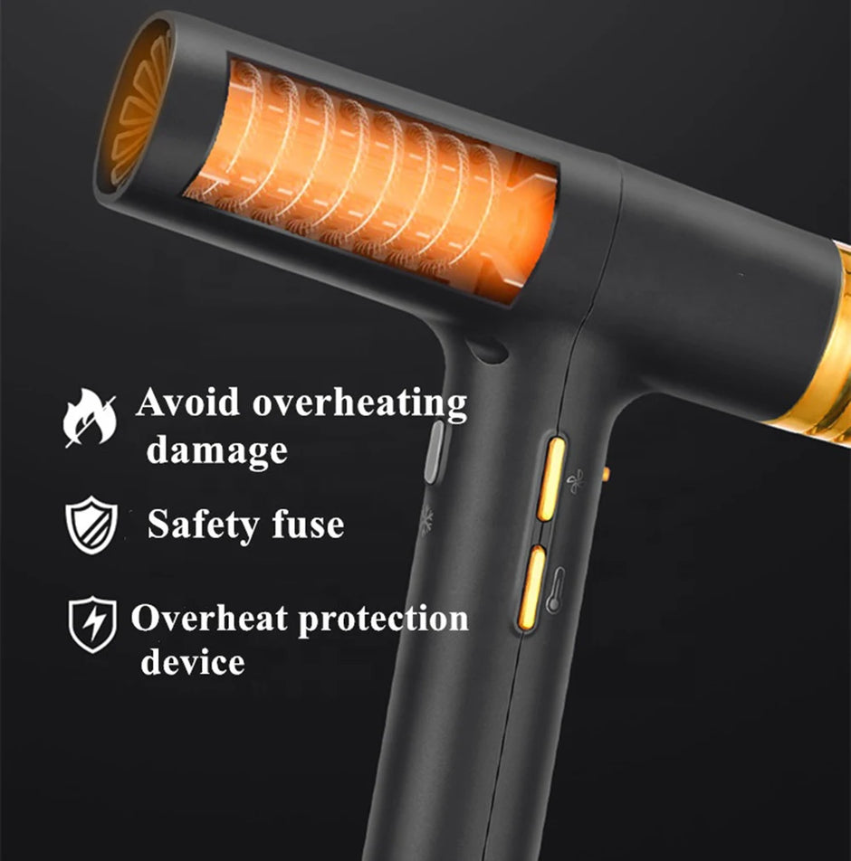 Black hair dryer with safety features highlighted on a dark background