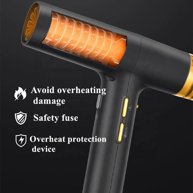Black hair dryer with safety features highlighted on a dark background
