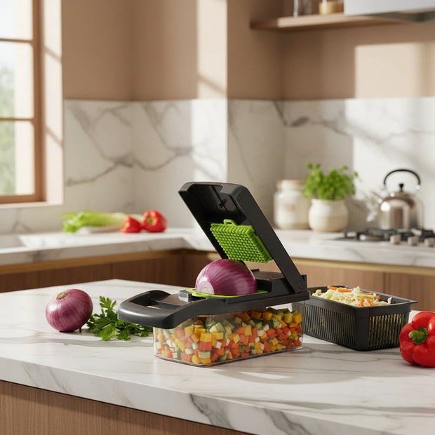 Multifunctional kitchen slicer with various cutting attachments on a white background