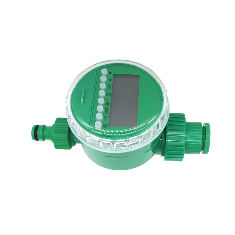 Green water meter with digital display on a white background