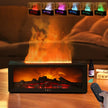Electric fireplace with colorful flame effects and remote control on a wooden surface.