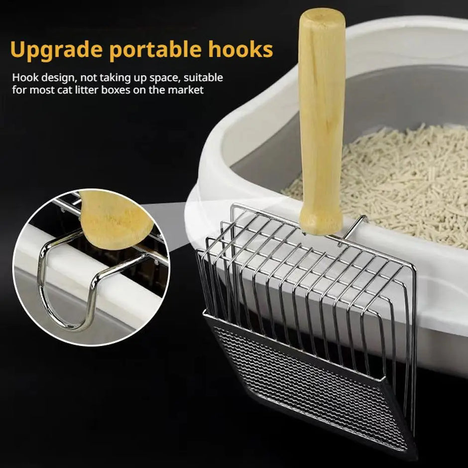 Cat litter box with a metal hook and wooden handle on a black background