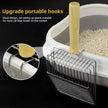 Cat litter box with a metal hook and wooden handle on a black background