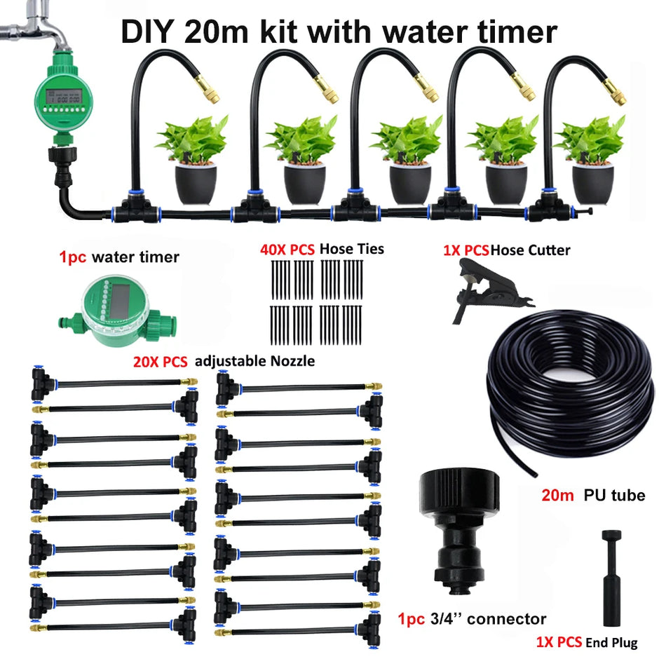 DIY 20m irrigation kit with water timer, hose ties, hose cutter, nozzles, and PU tube on a white background.