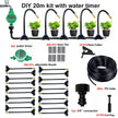 DIY 20m irrigation kit with water timer, hose ties, hose cutter, nozzles, and PU tube on a white background.