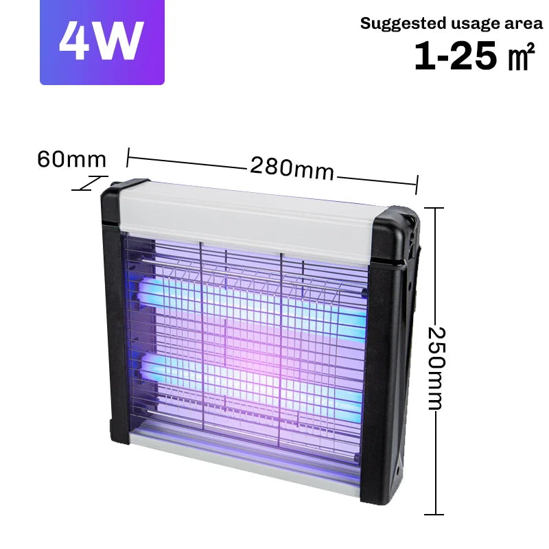 Insect zapper with dimensions and power rating on a white background