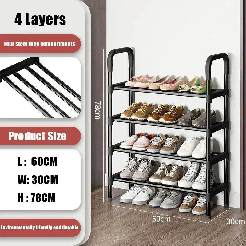 Black shoe rack with four layers holding shoes, labeled with dimensions and product details.