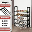 Black shoe rack with four layers holding shoes, labeled with dimensions and product details.