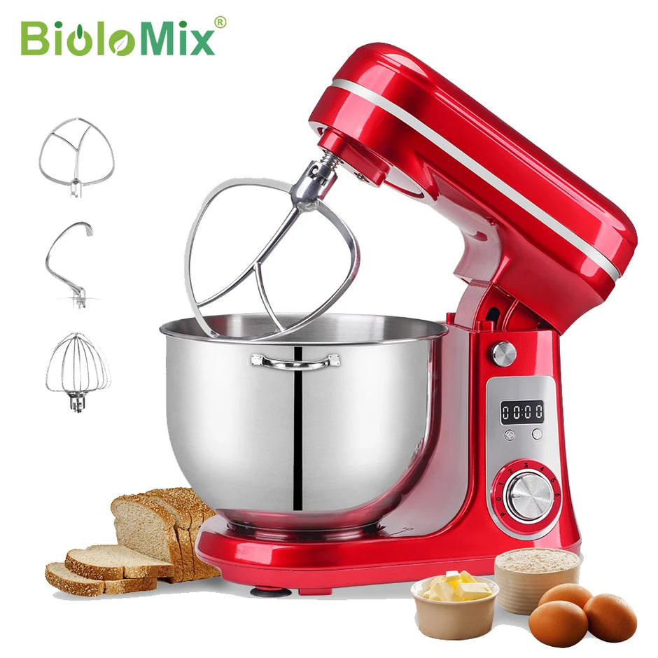 Red stand mixer with a silver bowl and attachments on a white background, featuring the BioloMix brand.
