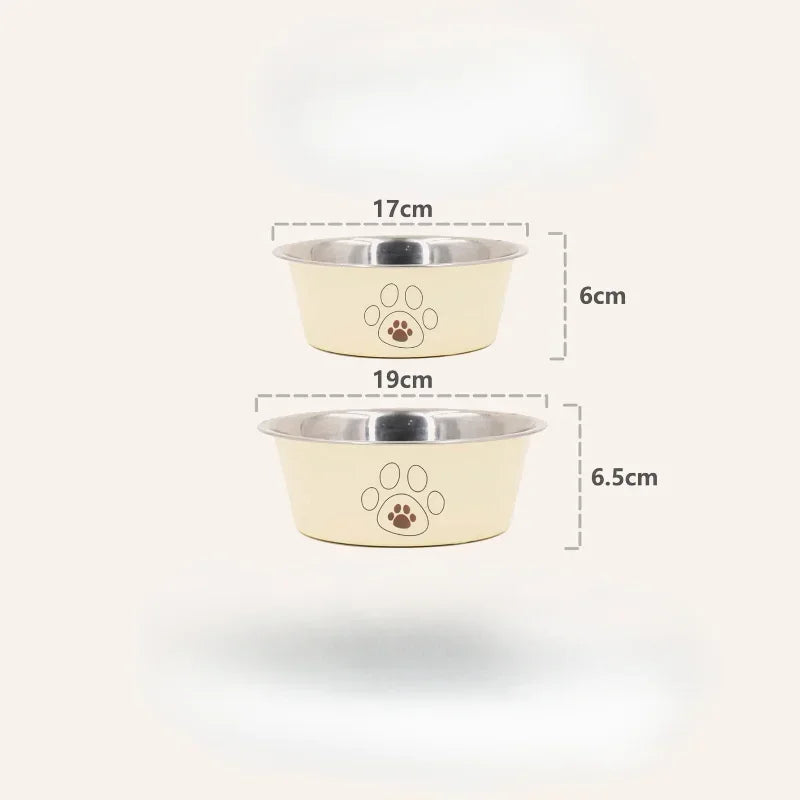 Two pet bowls with paw design, one beige and one silver, on a white background with measurements.