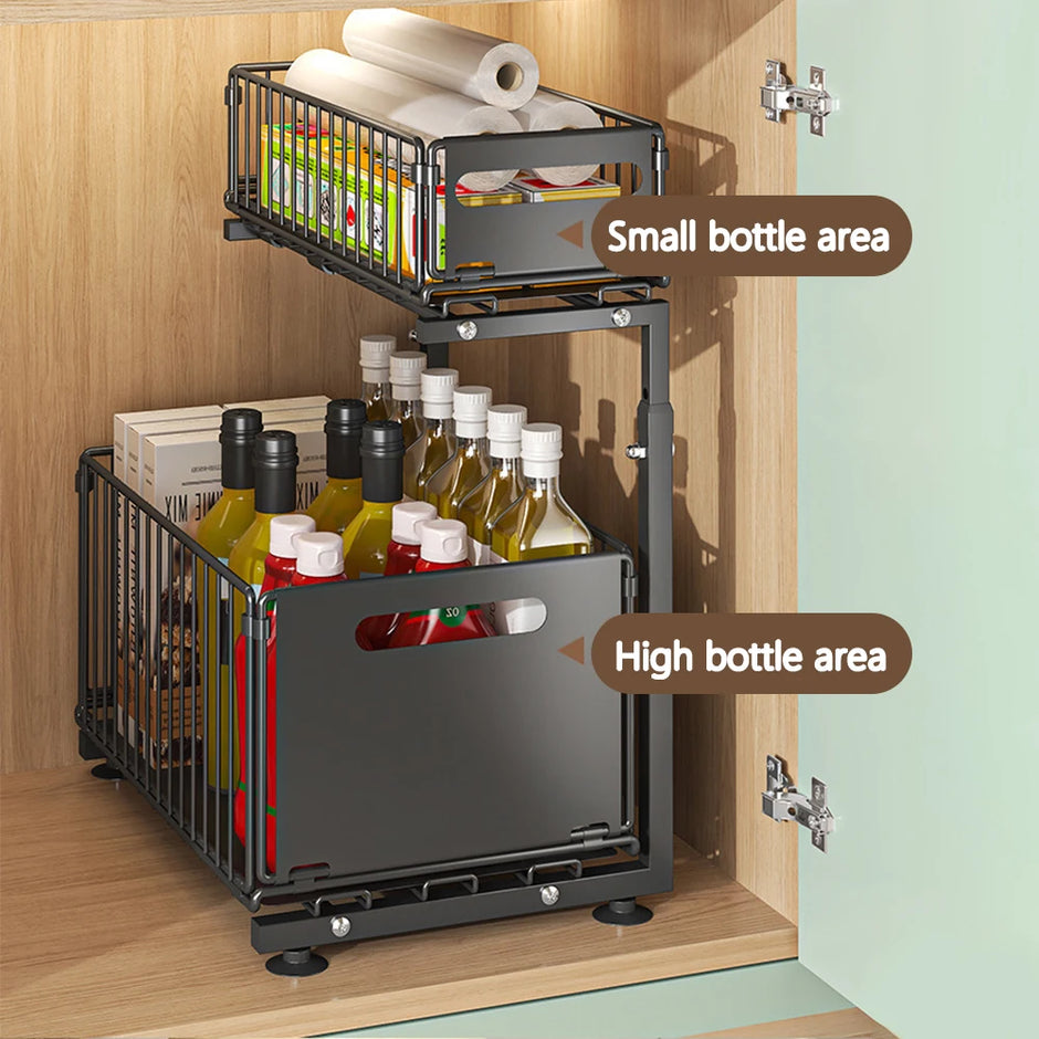 Kitchen cabinet organizer with bottles and containers on a wooden shelf.