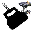 Black grill mat with a handle on a white background, showing a grill in the background.