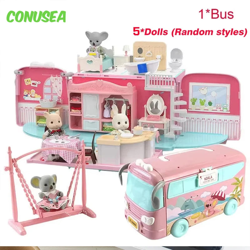 حافلة بيت دمى عائلة الكوالا – مجموعة لعب إبداعية DIY مع أثاث ودمى | CONUSEA