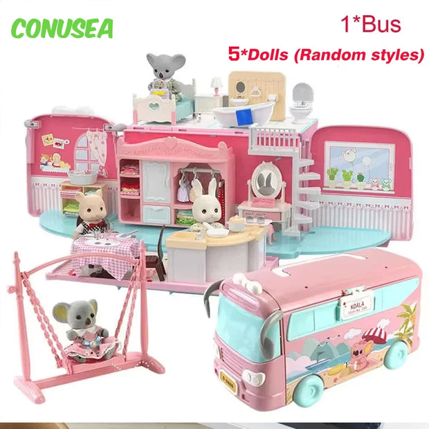 Koala Family Dollhouse Tour Bus – DIY Pretend Play Set with Furniture & Dolls | CONUSEA